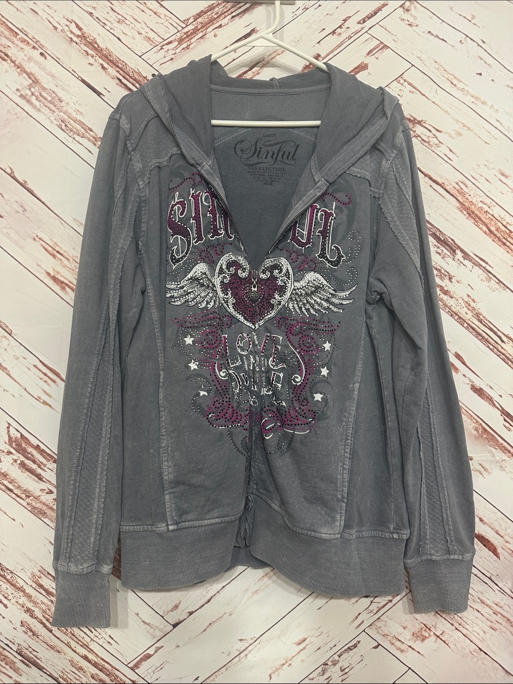 Sinful  by affliction Gray Embellished Wing Heart Zip-Up Hoodie